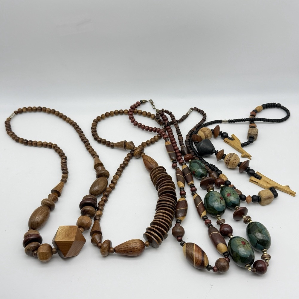 Wood Bead Necklaces Boho Chunky Statement Natural Jewelry Brown Neutral Lot Of 5 - Picture 2 of 8
